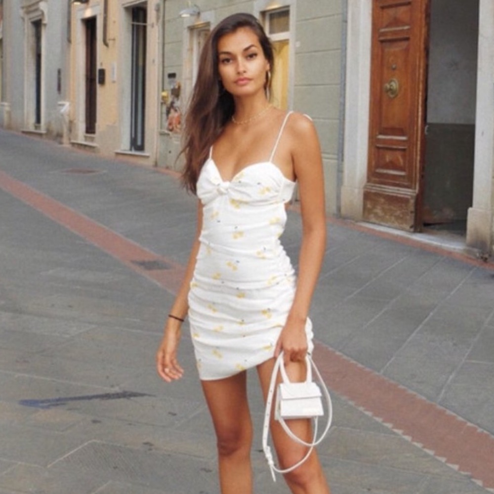 For Love and Lemons White & Yellow Cherries Backless Ruched Mini Dress